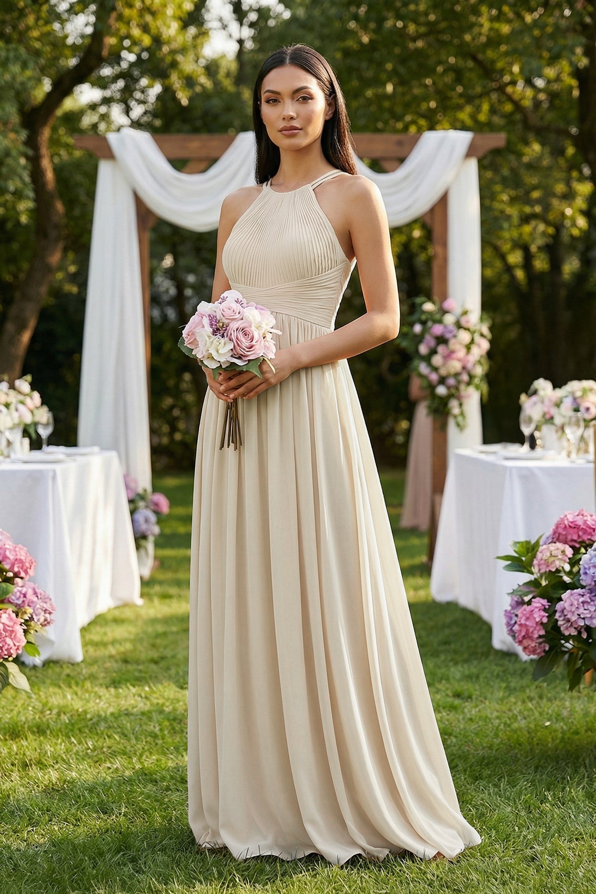 Halter Neck A-Line Chiffon Bridesmaid Dress in Champagne