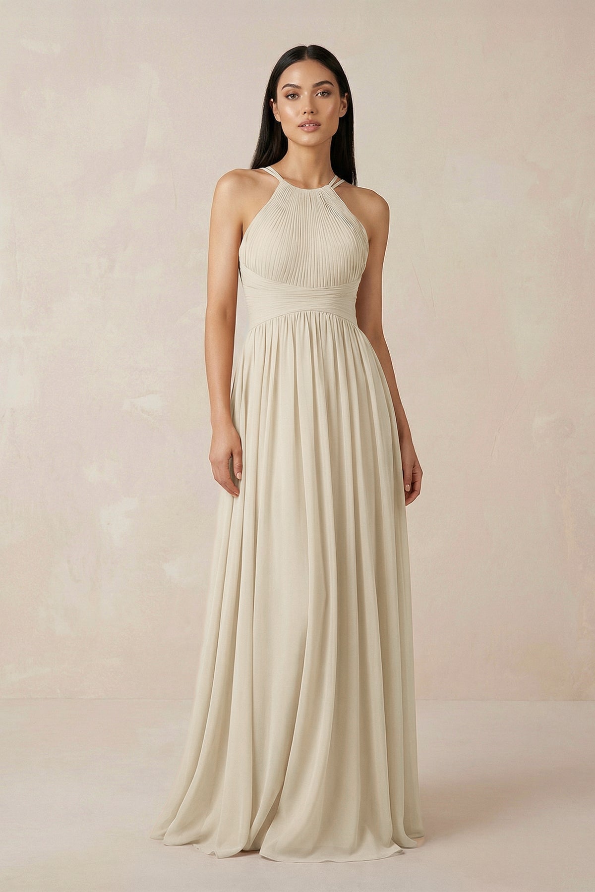 Halter Neck A-Line Chiffon Bridesmaid Dress in Champagne