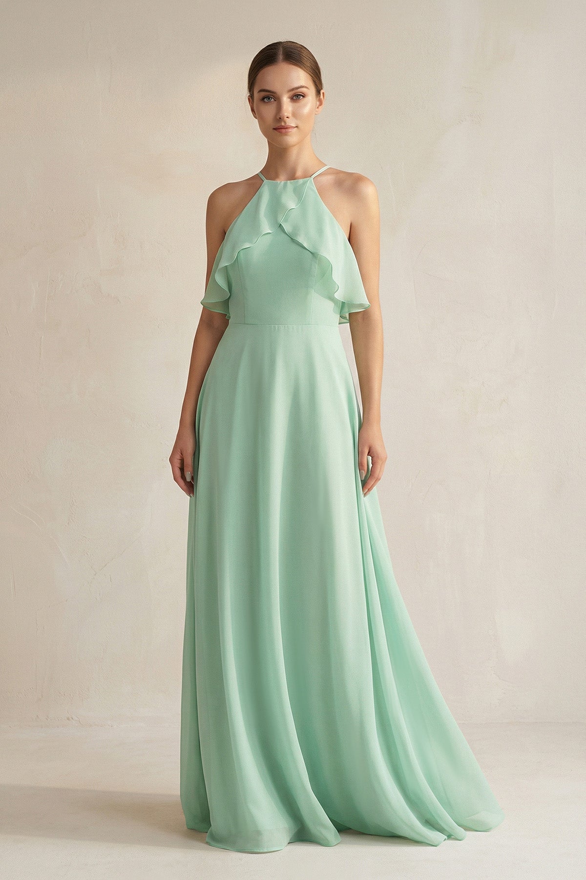 Halter Neck A-Line Chiffon Bridesmaid Dress with Keyhole in Pale Pistachio