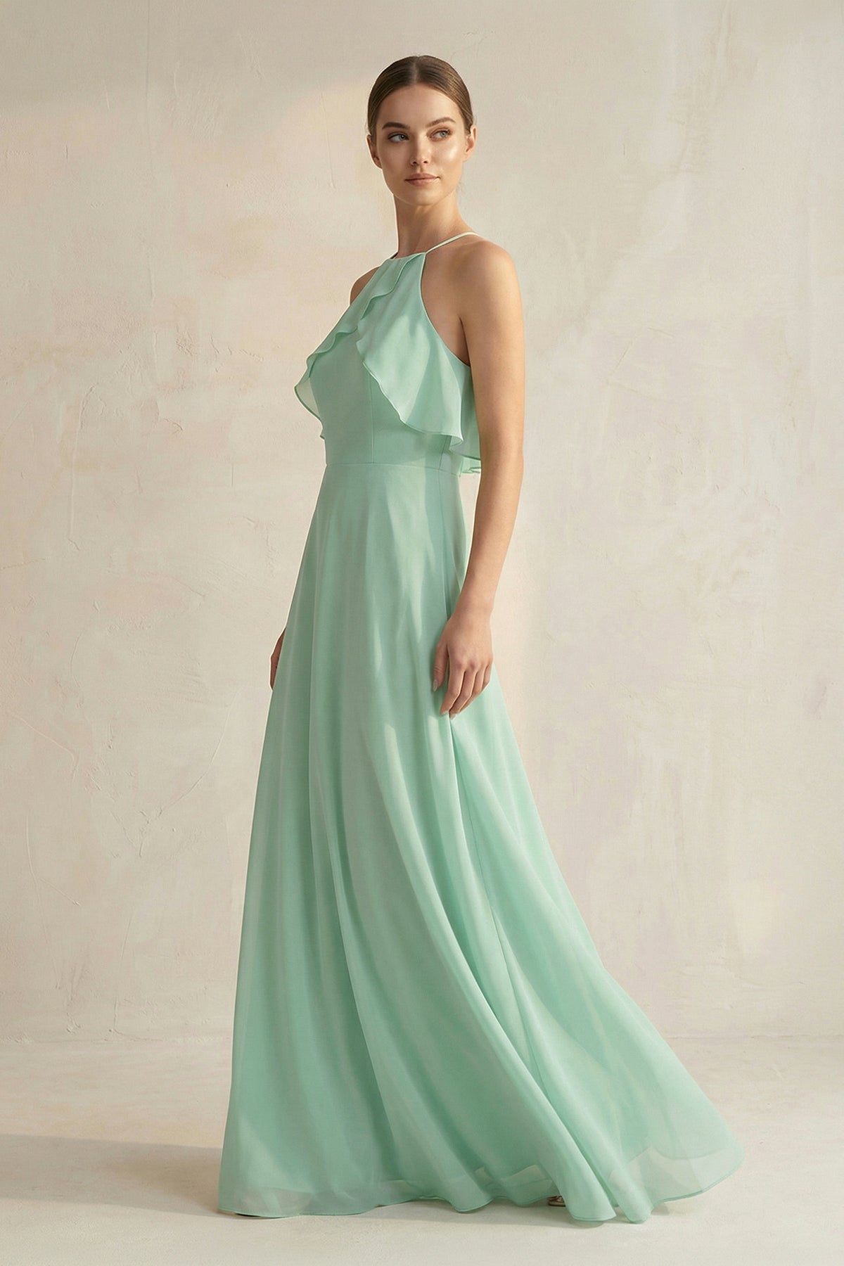 Halter Neck A-Line Chiffon Bridesmaid Dress with Keyhole in Pale Pistachio
