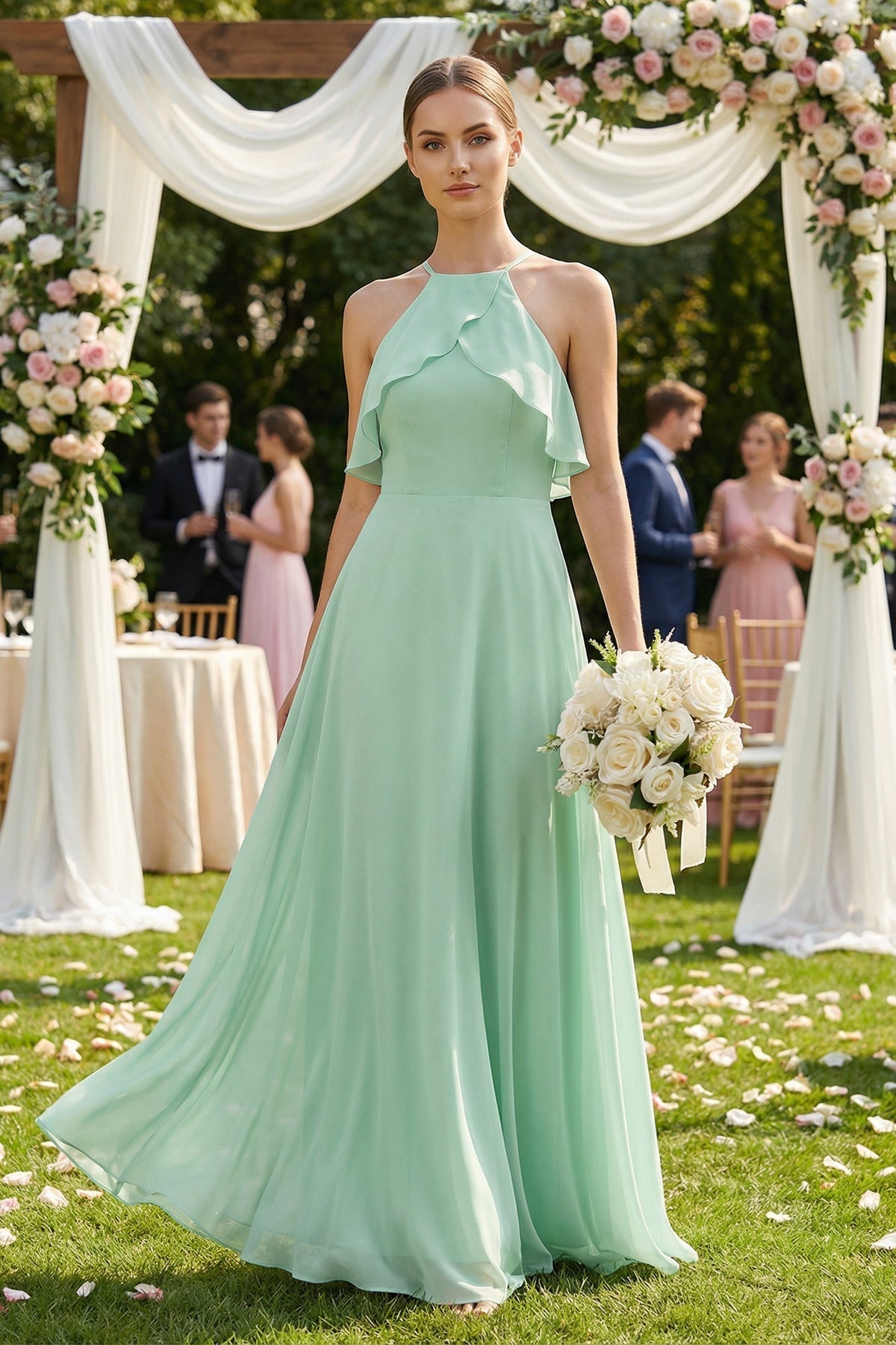 Halter Neck A-Line Chiffon Bridesmaid Dress with Keyhole in Pale Pistachio