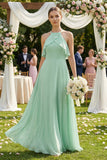 Halter Neck A-Line Chiffon Bridesmaid Dress with Keyhole in Pale Pistachio