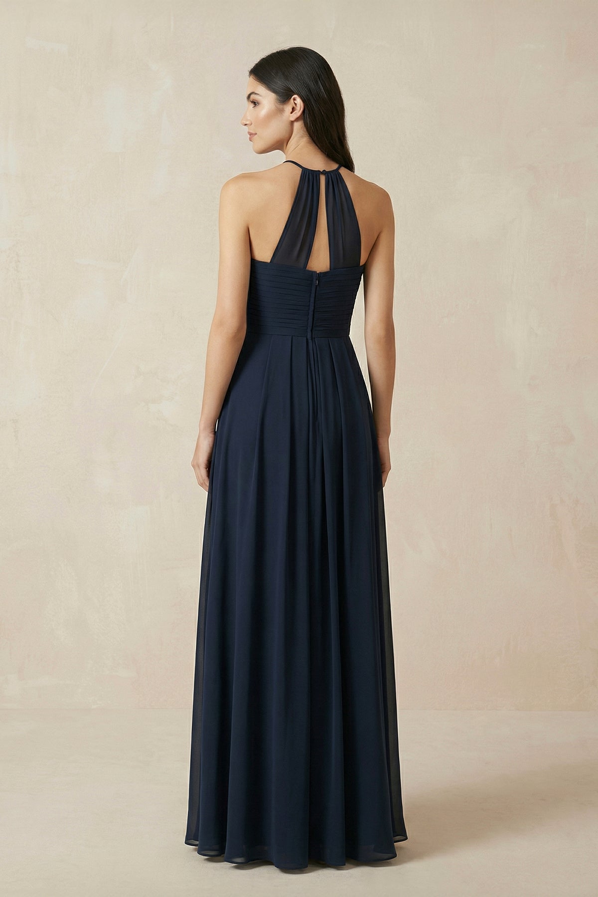 A-Line Halter Neck Pleated Chiffon Bridesmaid Dress in Dark Navy