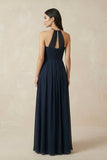 A-Line Halter Neck Pleated Chiffon Bridesmaid Dress in Dark Navy