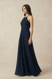 A-Line Halter Neck Pleated Chiffon Bridesmaid Dress in Dark Navy