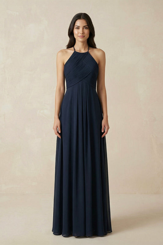 A-Line Halter Neck Pleated Chiffon Bridesmaid Dress in Dark Navy