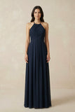 A-Line Halter Neck Pleated Chiffon Bridesmaid Dress in Dark Navy