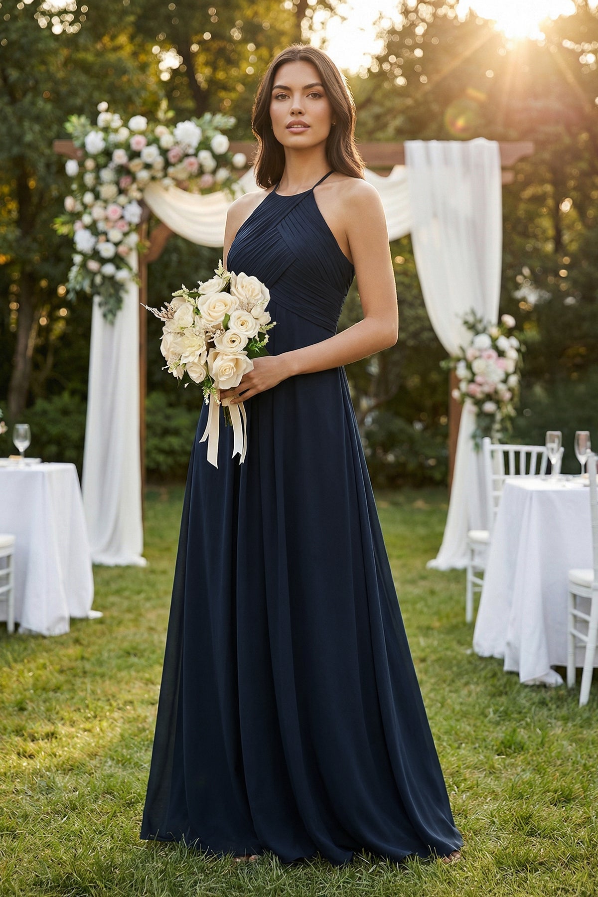 A-Line Halter Neck Pleated Chiffon Bridesmaid Dress in Dark Navy