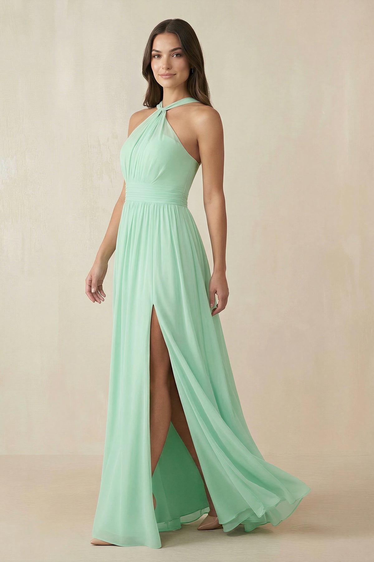 Halter Neck Ruched A-Line Chiffon Bridesmaid Dress in Pale Pistachio