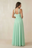 Halter Neck Ruched A-Line Chiffon Bridesmaid Dress in Pale Pistachio