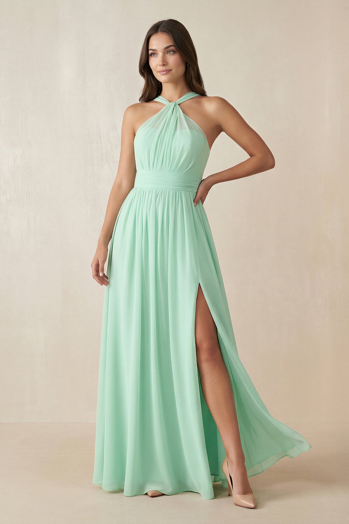 Halter Neck Ruched A-Line Chiffon Bridesmaid Dress in Pale Pistachio