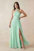 Halter Neck Ruched A-Line Chiffon Bridesmaid Dress in Pale Pistachio