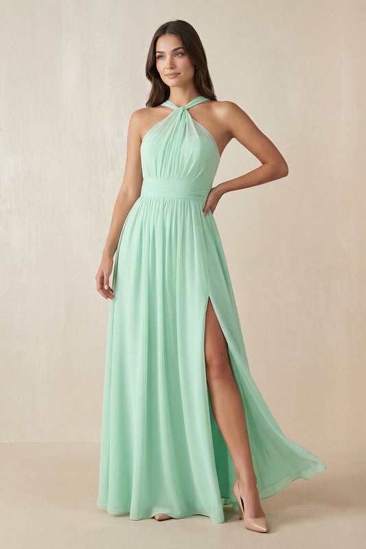 Halter Neck Ruched A-Line Chiffon Bridesmaid Dress in Pale Pistachio