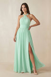 Halter Neck Ruched A-Line Chiffon Bridesmaid Dress in Pale Pistachio