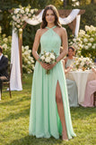 Halter Neck Ruched A-Line Chiffon Bridesmaid Dress in Pale Pistachio