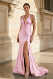 Navy Halter Corset Mermaid Ruched Long Formal Dress with Slit