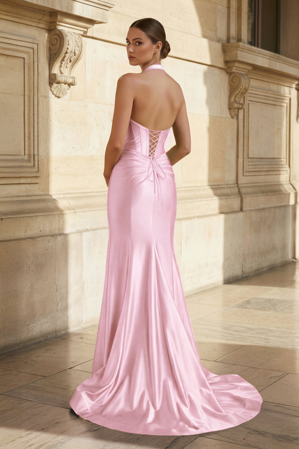 Navy Halter Corset Mermaid Ruched Long Formal Dress with Slit