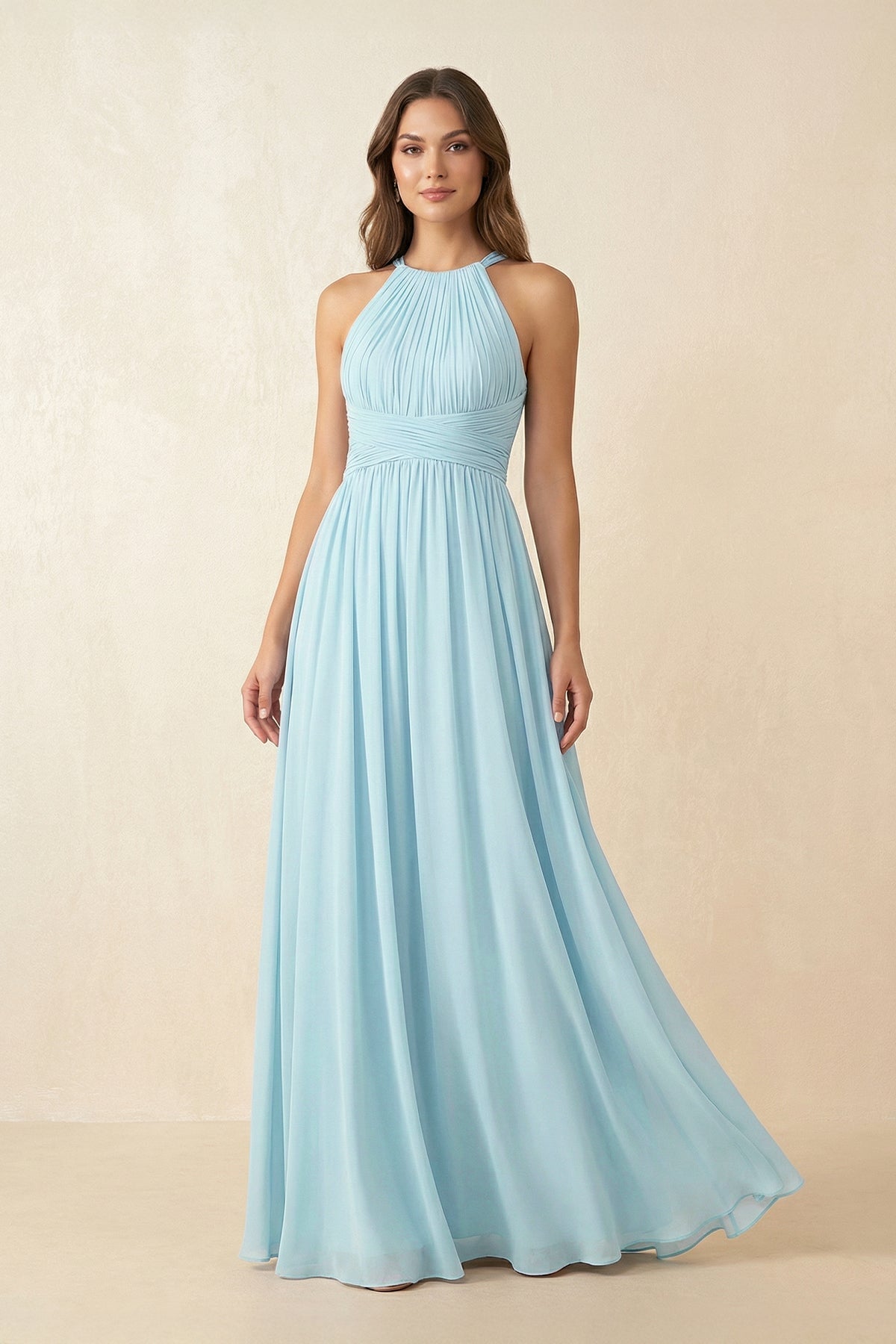 Halter Pleated A-Line Chiffon Bridesmaid Dress in Sky Blue