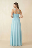 Halter Pleated A-Line Chiffon Bridesmaid Dress in Sky Blue