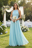 Halter Pleated A-Line Chiffon Bridesmaid Dress in Sky Blue