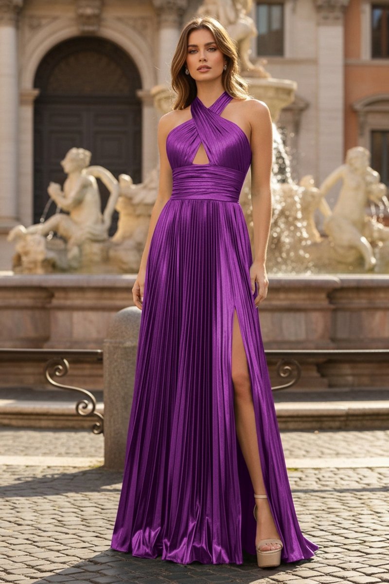 Peacock Blue Halter Neck A-Line Long Prom Dress With Split