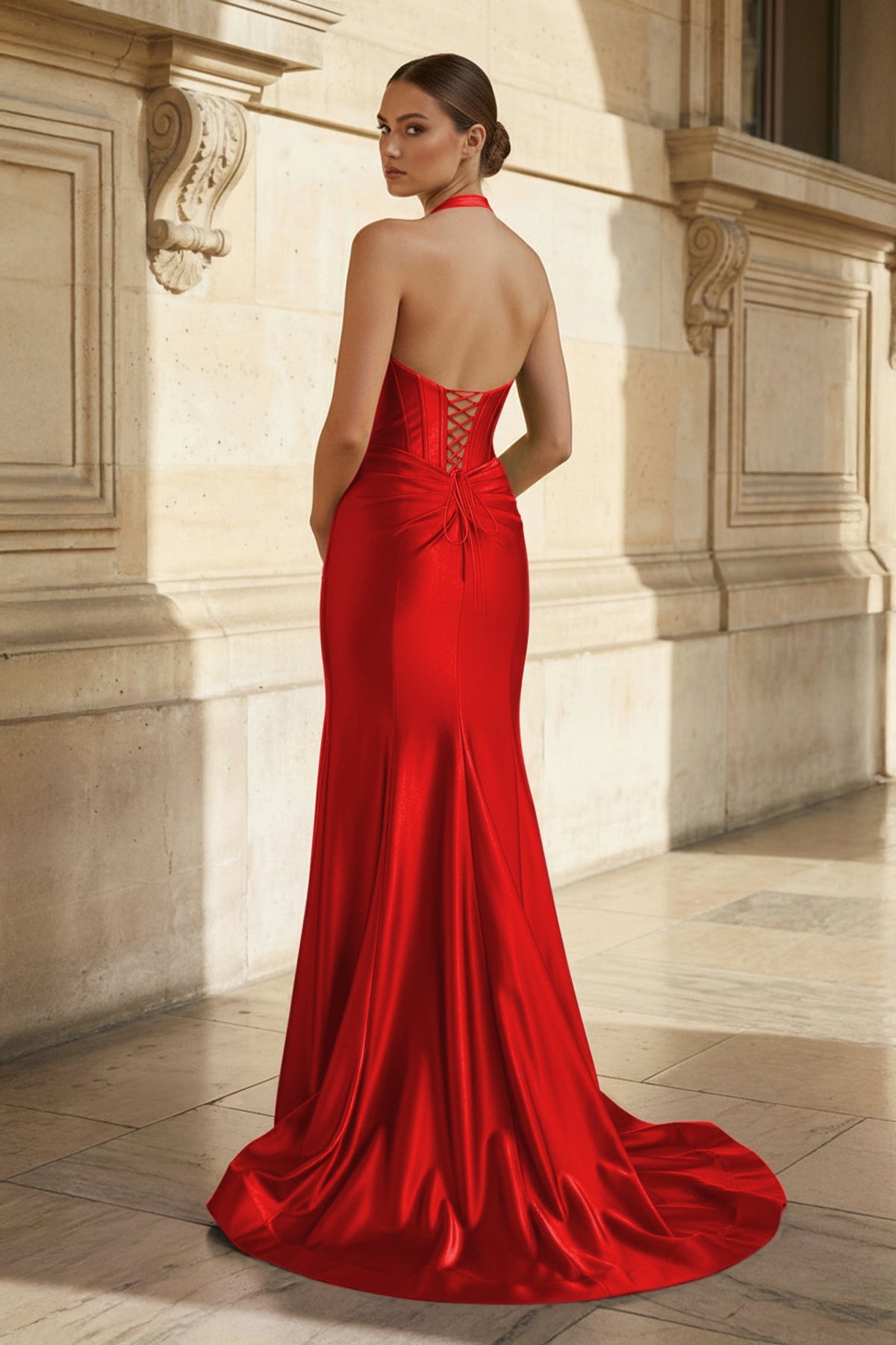 Navy Halter Corset Mermaid Ruched Long Formal Dress with Slit