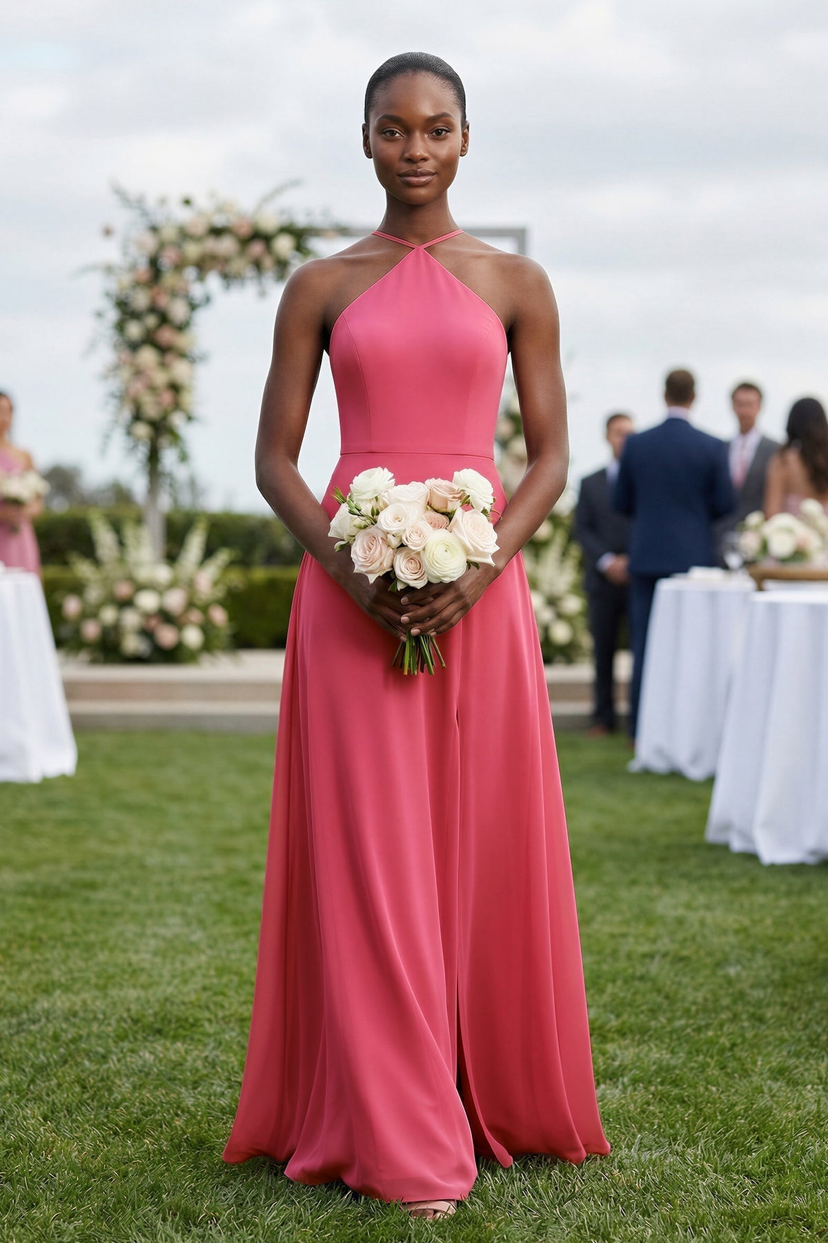 Sheath Halter Chiffon Bridesmaid Dress with Slit in Fuchsia