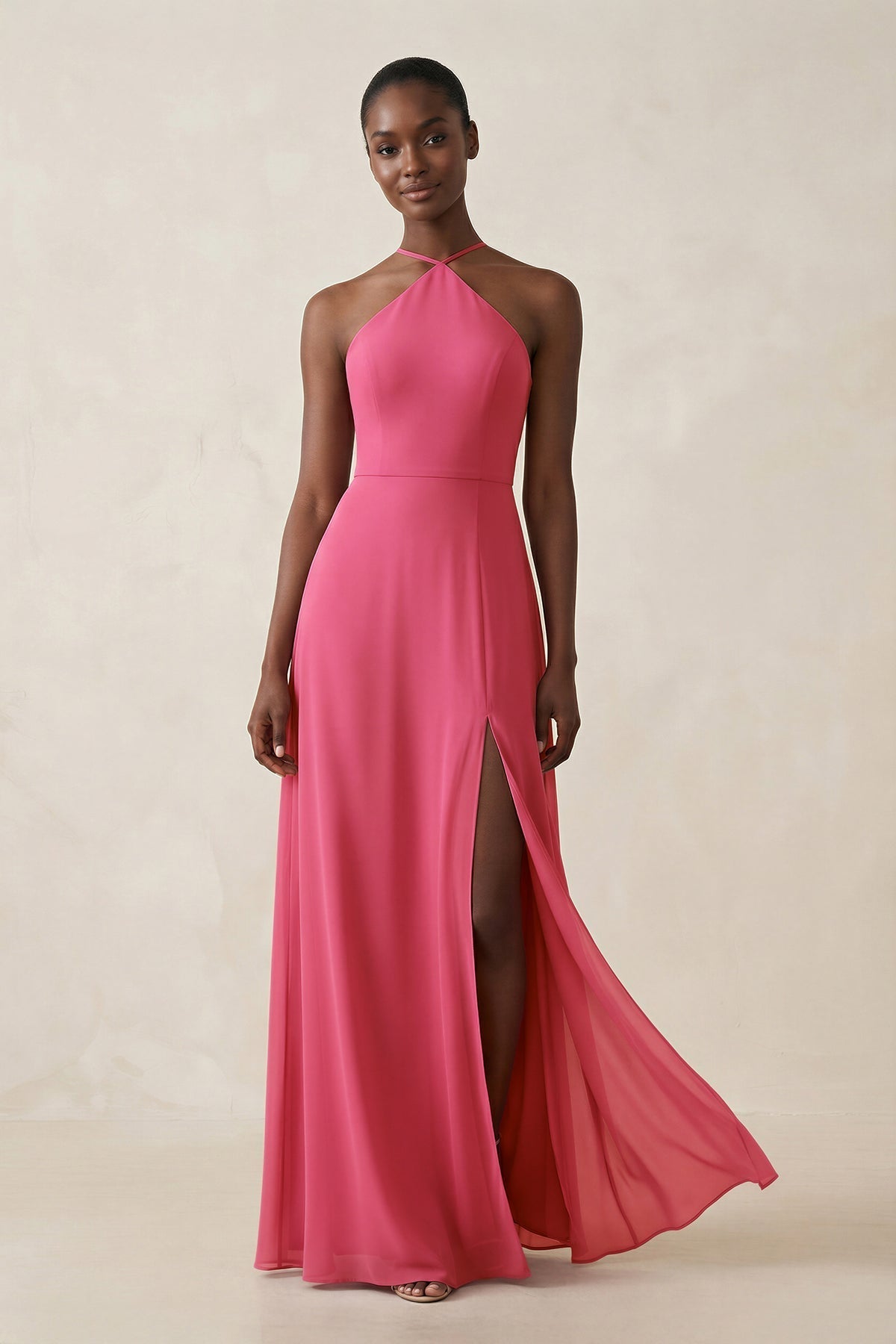 Sheath Halter Chiffon Bridesmaid Dress with Slit in Fuchsia