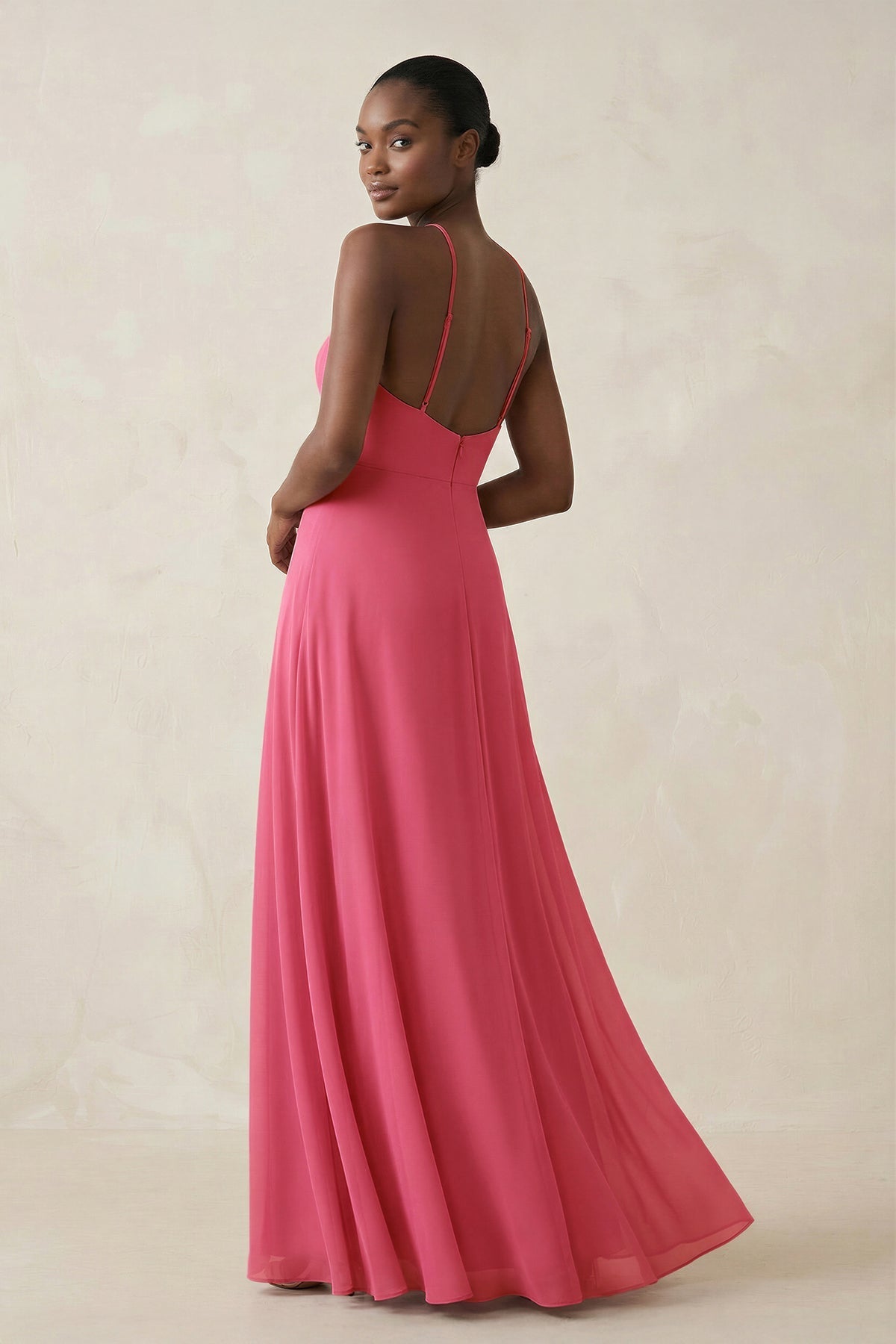 Sheath Halter Chiffon Bridesmaid Dress with Slit in Fuchsia