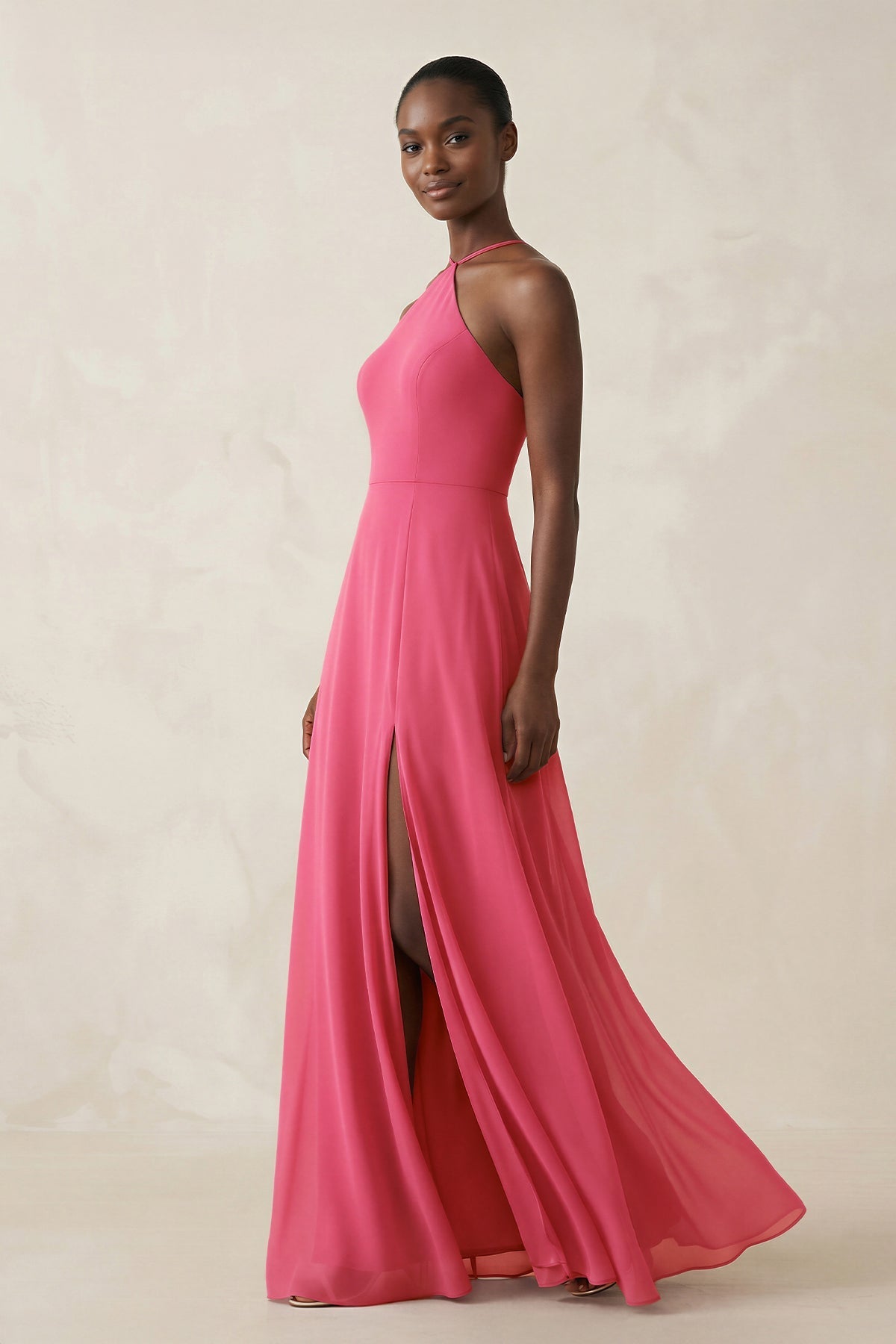 Sheath Halter Chiffon Bridesmaid Dress with Slit in Fuchsia