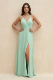 Halter Sheath Long Chiffon Bridesmaid Dress in Pale Pistachio