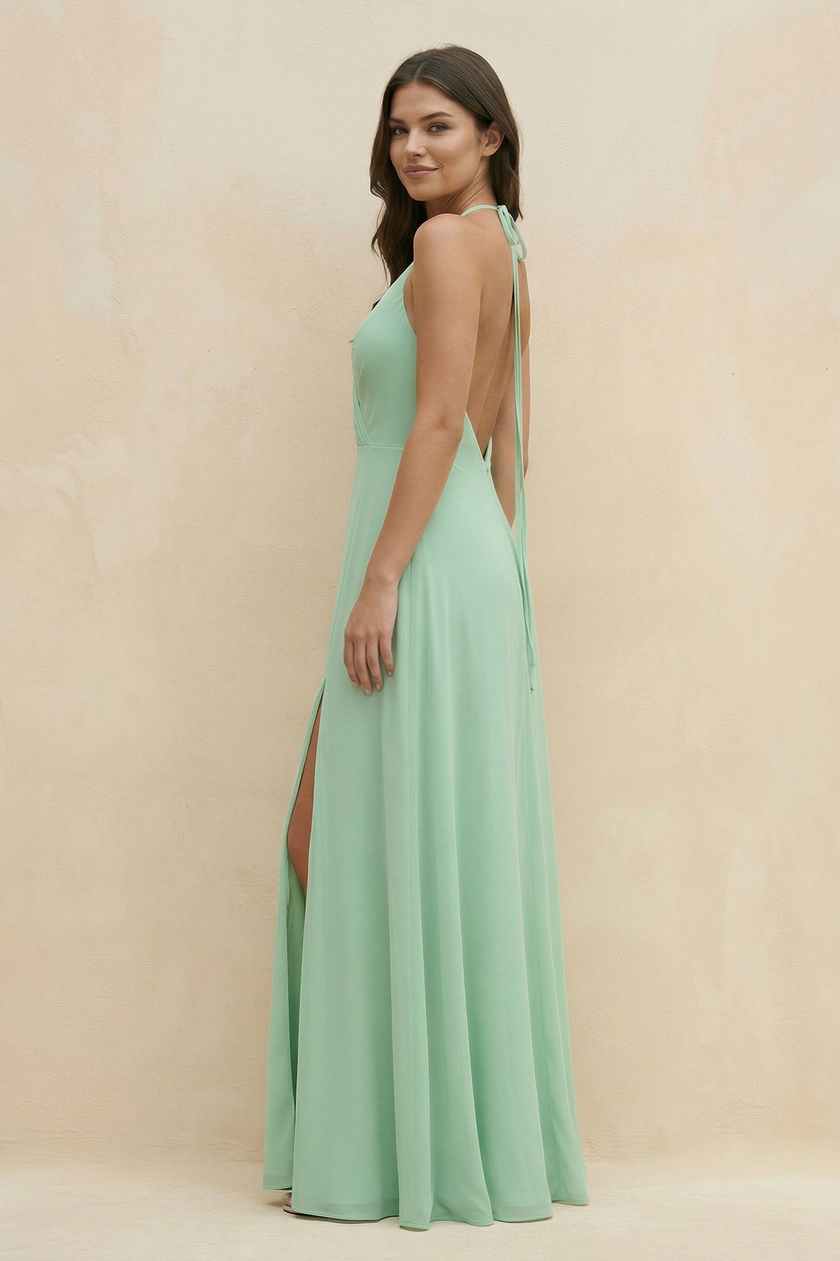 Halter Sheath Long Chiffon Bridesmaid Dress in Pale Pistachio