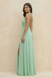 Halter Sheath Long Chiffon Bridesmaid Dress in Pale Pistachio