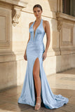 Navy Halter Corset Mermaid Ruched Long Formal Dress with Slit