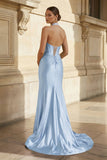 Navy Halter Corset Mermaid Ruched Long Formal Dress with Slit
