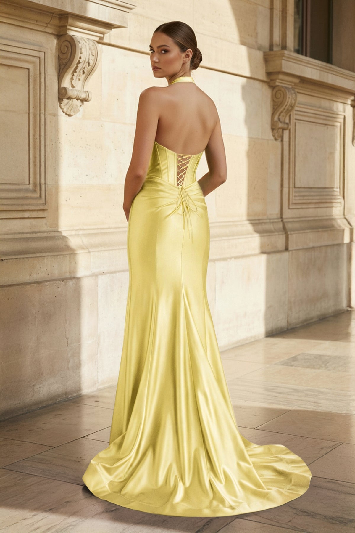 Navy Halter Corset Mermaid Ruched Long Formal Dress with Slit