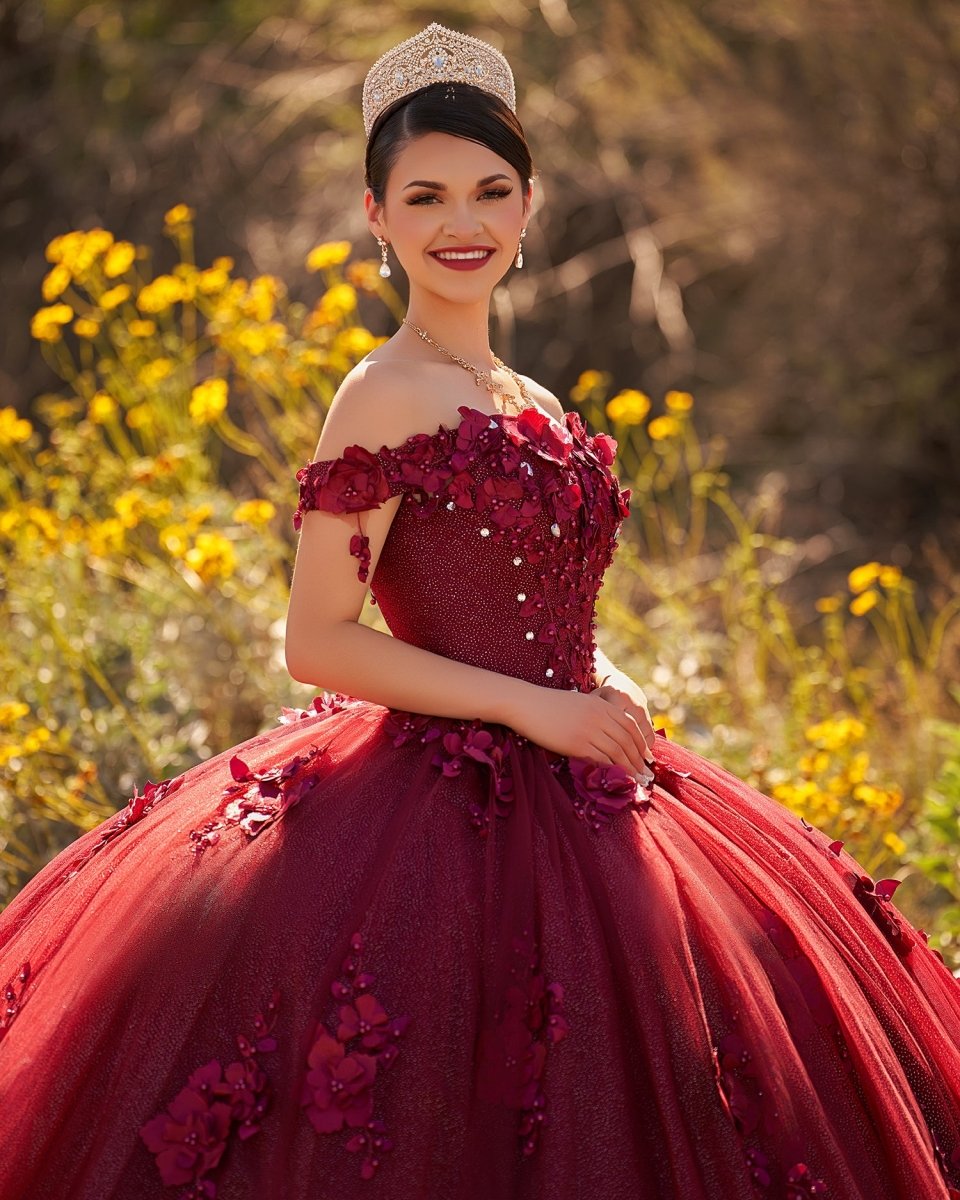 Ball Gown Organza Off The Shoulder Burgundy Quinceanera Dress