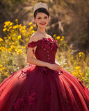 Ball Gown Organza Off The Shoulder Burgundy Quinceanera Dress