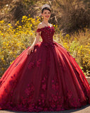 Ball Gown Organza Off The Shoulder Burgundy Quinceanera Dress