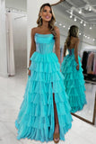 Orange A Line Strapless Chiffon Beaded Corset Long Prom Dress With Slit