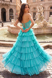Aqua - A Line Strapless Chiffon Beaded Corset Long Prom Dress With Slit