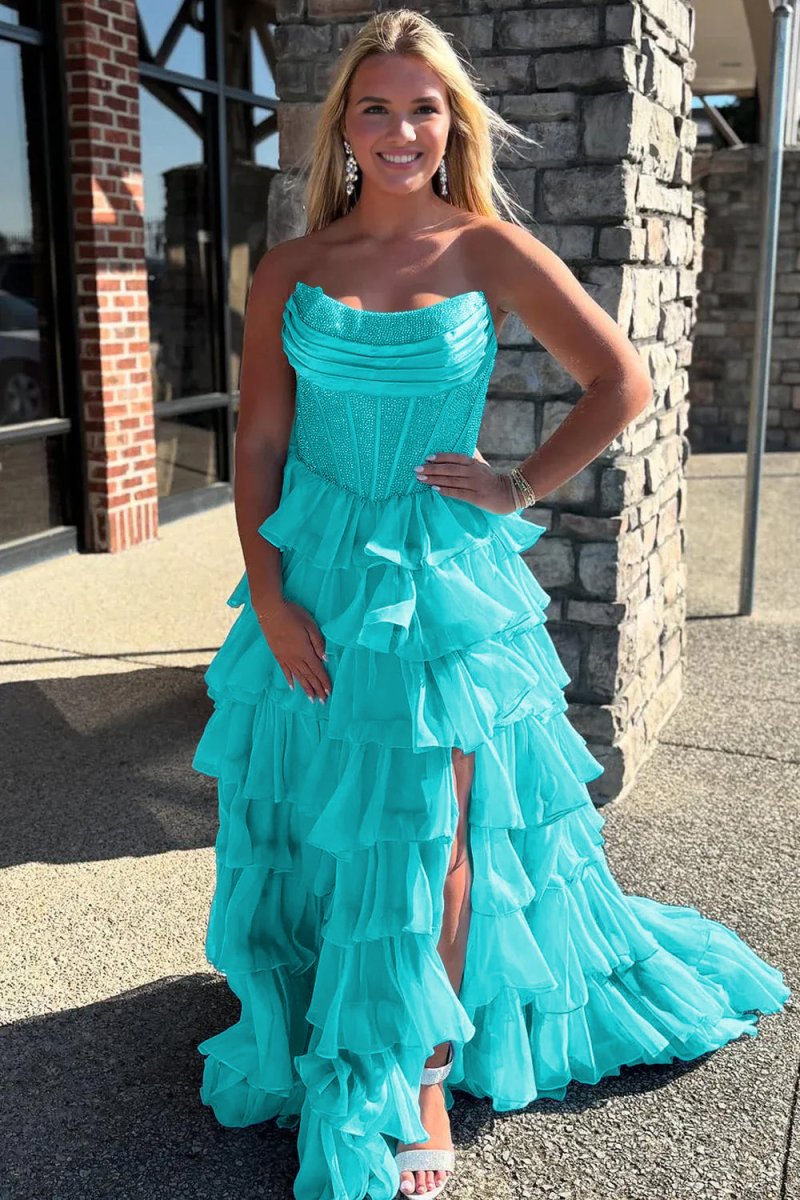 Orange A Line Strapless Chiffon Beaded Corset Long Prom Dress With Slit