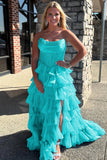 Orange A Line Strapless Chiffon Beaded Corset Long Prom Dress With Slit