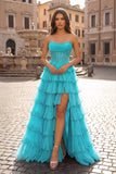 Aqua - A Line Strapless Chiffon Beaded Corset Long Prom Dress With Slit