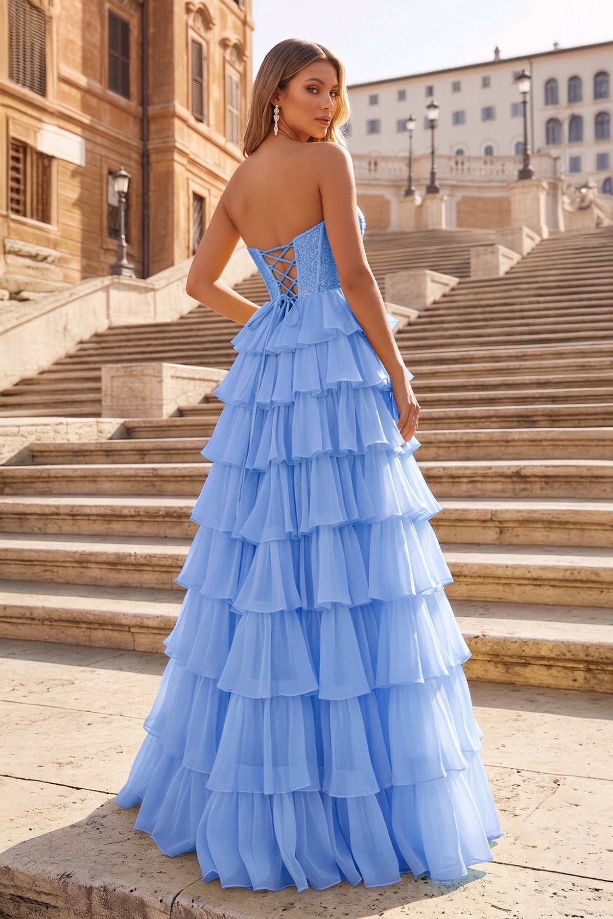 Blue - A Line Strapless Chiffon Beaded Corset Long Prom Dress With Slit