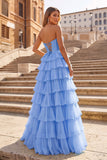 Blue - A Line Strapless Chiffon Beaded Corset Long Prom Dress With Slit