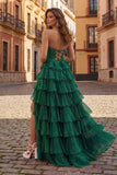 Emerald - A Line Strapless Chiffon Beaded Corset Long Prom Dress With Slit