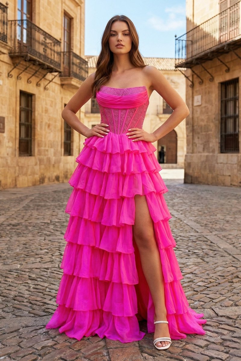 Fuchsia - A Line Strapless Chiffon Beaded Corset Long Prom Dress With Slit