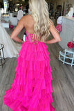 Fuchsia - A Line Strapless Chiffon Beaded Corset Long Prom Dress With Slit
