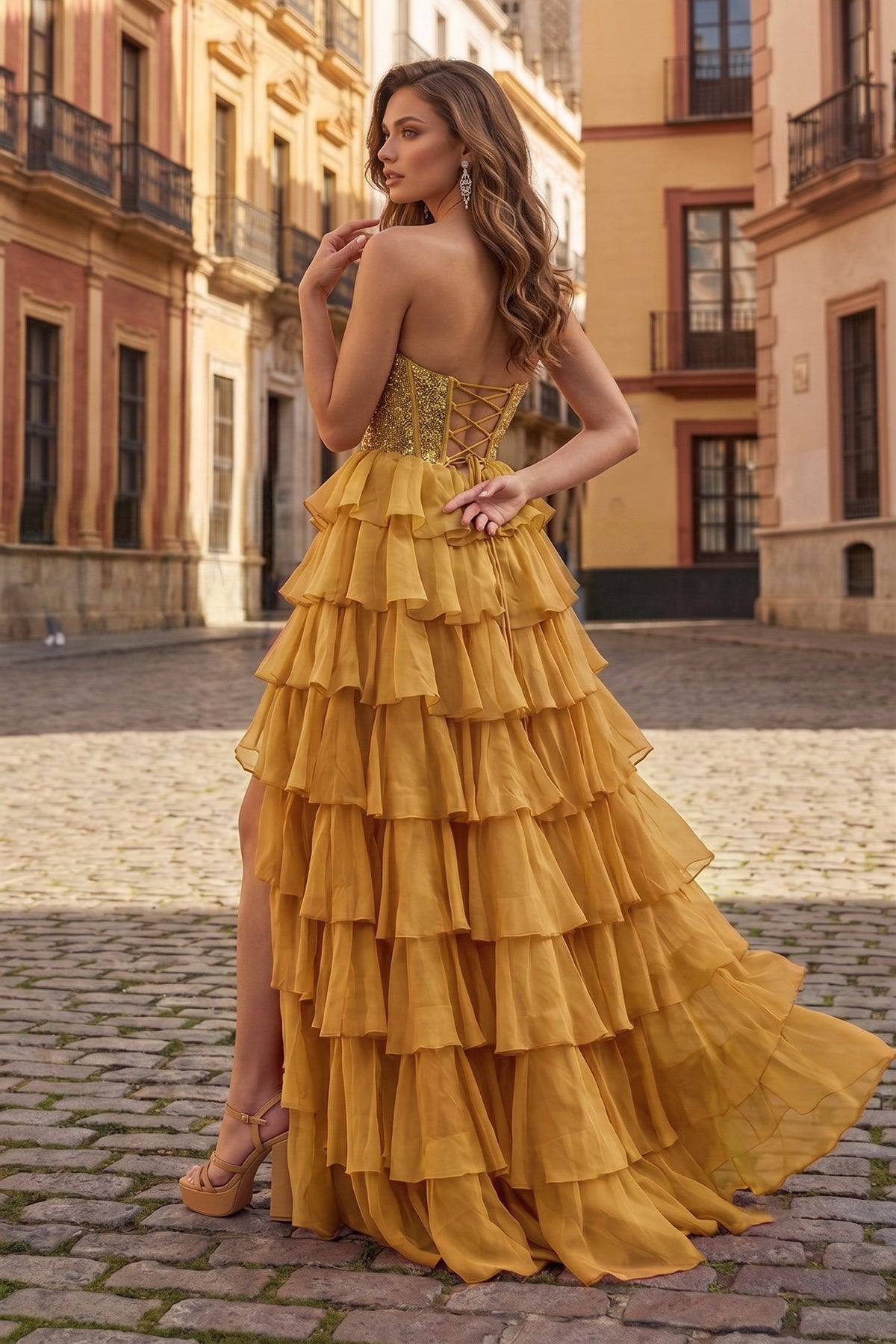 Gold - A Line Strapless Chiffon Beaded Corset Long Prom Dress With Slit